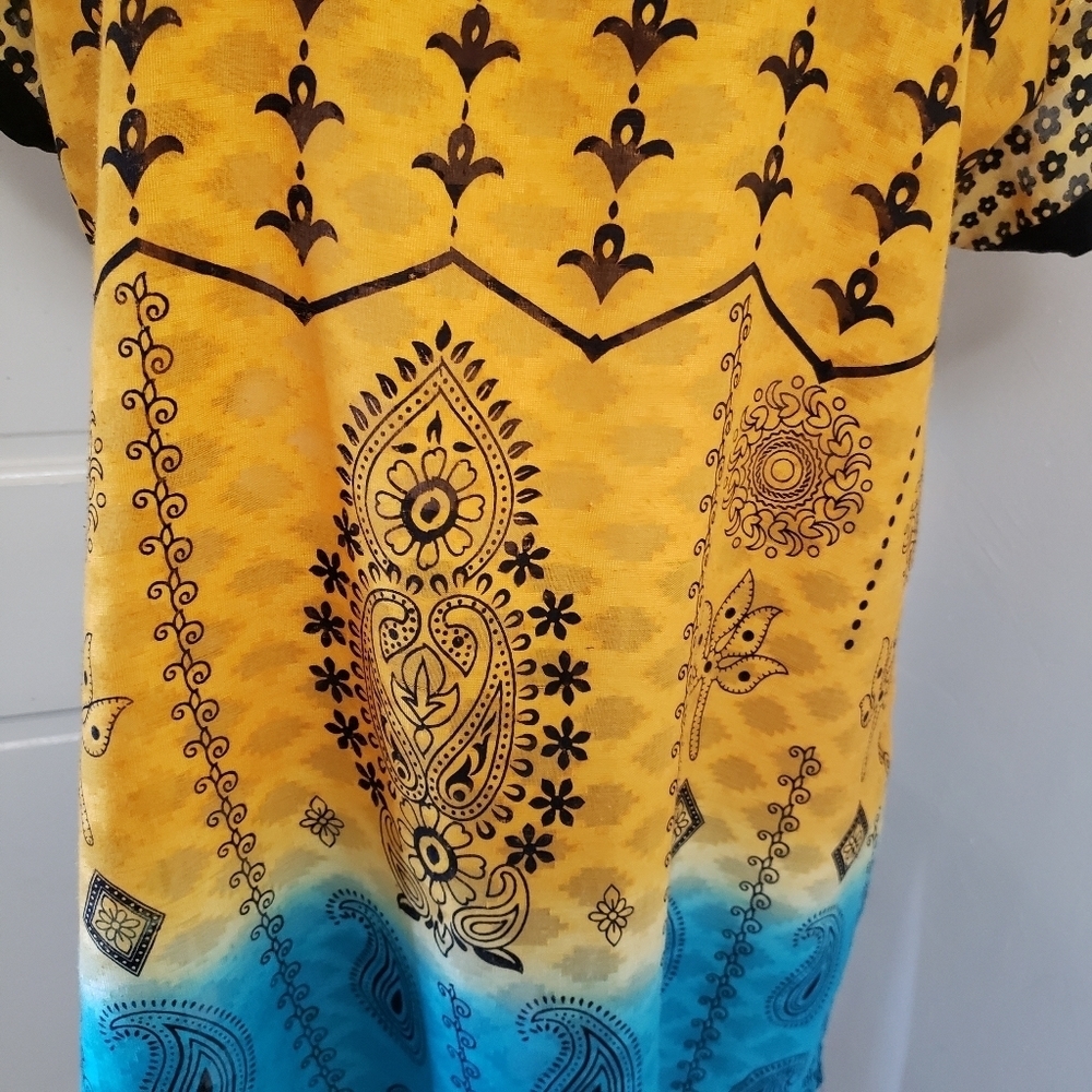 Maple Yellow & Teal Clothing Scoop Neck Short Sleeve Bohemian Top Size 2X - Picture 4 of 10